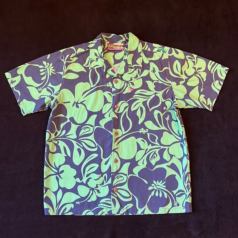 QuickSilver Blue & Green Floral Short Sleeve Hawaiian Board Riding Shirt Boys XL